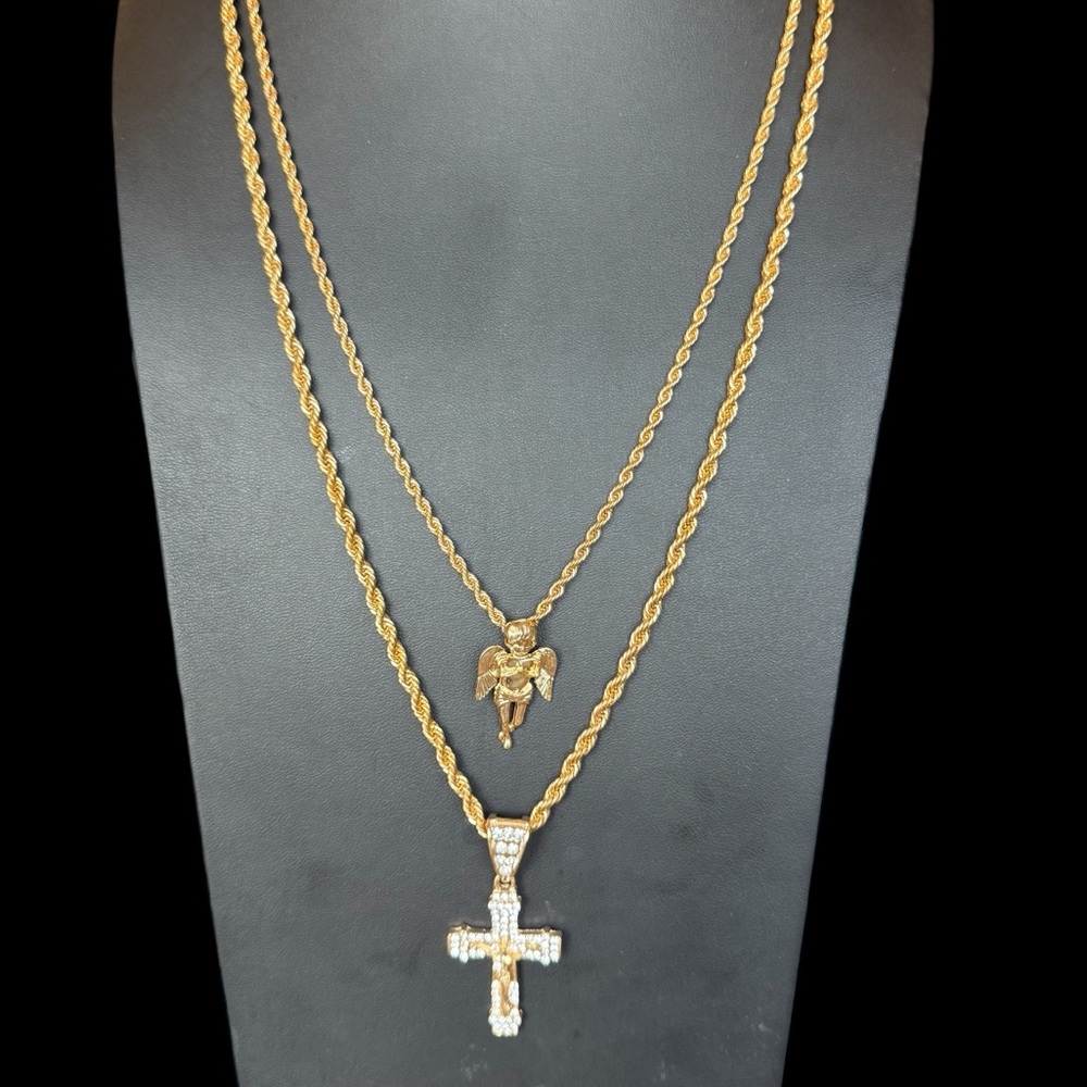 Akademiks Double Gold Tone Chain Praying Hands Angel Crucifix Cross Necklace